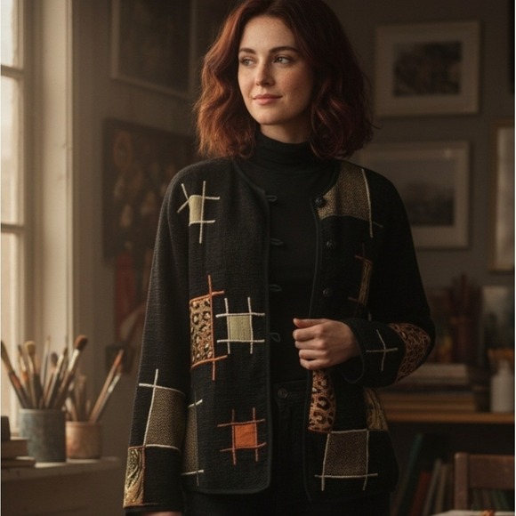 Vintage 90s Black Tapestry Jacket Geometric Animal‎ Print Patches Artsy Large - Picture 4 of 14